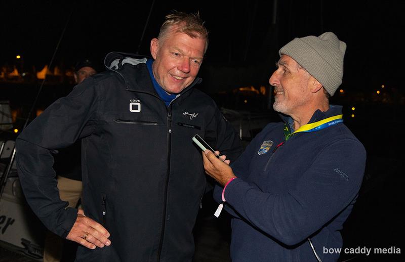 Black Jack 100's owner Remon Vos talks to Andy Rice on the dock at Cherbourg - photo © Bow Caddy Media