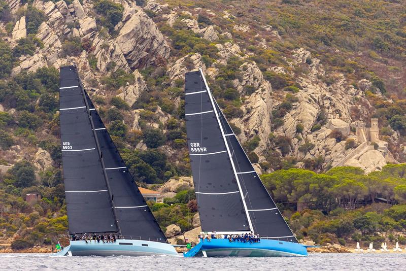 The Baltic 68 Cafe Racer and James Neville's Botin 65 Artemis Bleu line up in Bomb Alley - Maxi Yacht Rolex Cup 2025  - photo © IMA/  Studio Borlenghi