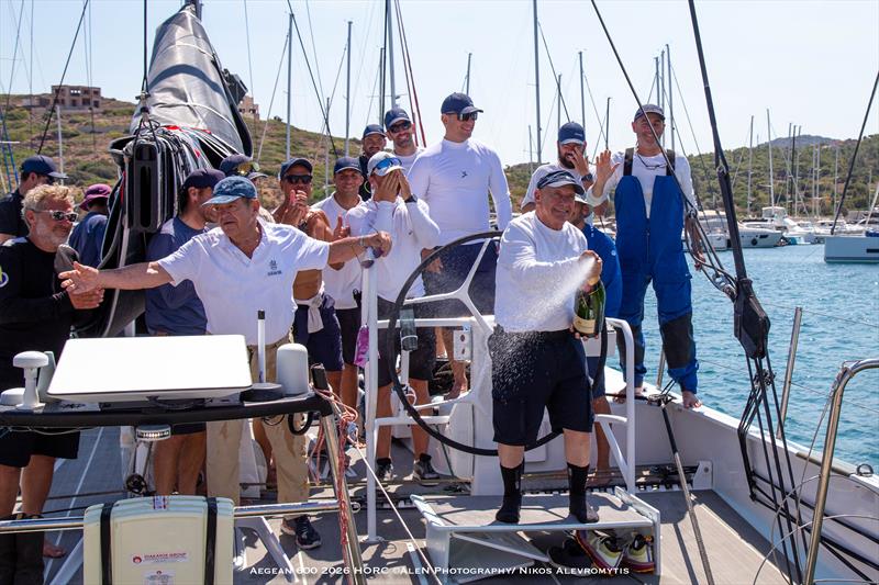 Celebrations one again on board Aiolos as George Procopiou unleashes the champagne after the Aegean 600 - photo © Nikos Alevromytis / Alen Photography
