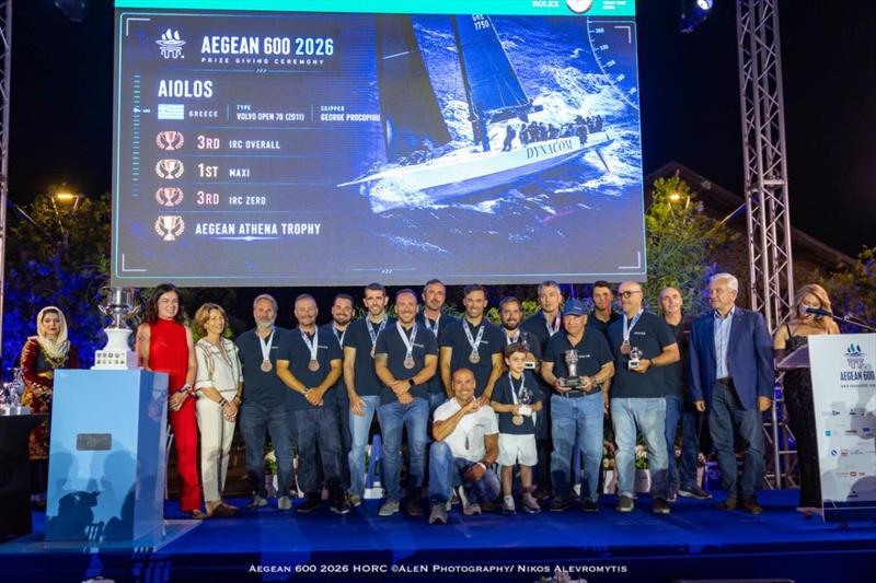 George Procopiou's Volvo 70 AIOLOS (GRE) team filled the stage as the largest crew in the event, winners of the Maxi class and the Aegean Athena Trophy photo copyright Nikos Alevromytis / Alen Photography taken at Hellenic Offshore Racing Club and featuring the Maxi class