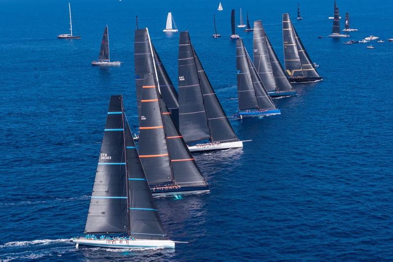 Maxi Yacht Rolex Cup 2026 Day 1 - The Rolex IMA Maxi 1 World Championship set sail with V at the pin and Capricorno preparing to tack at the committee boat end - photo © IMA / Studio Borlenghi 