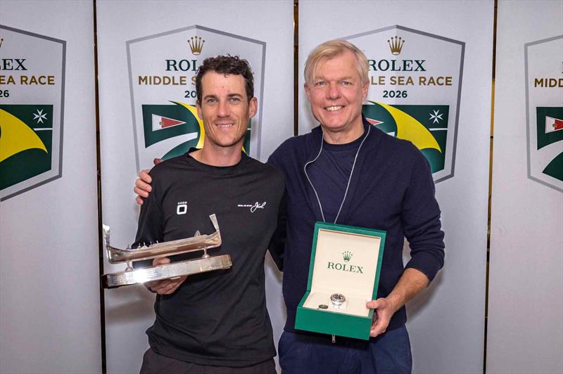 Co-skipper Tristan Le Brun (left) with Black Jack owner Remon Vos and their line honours-winning prizes - Rolex Middle Sea Race 2026 - photo © Rolex / Kurt Arrigo