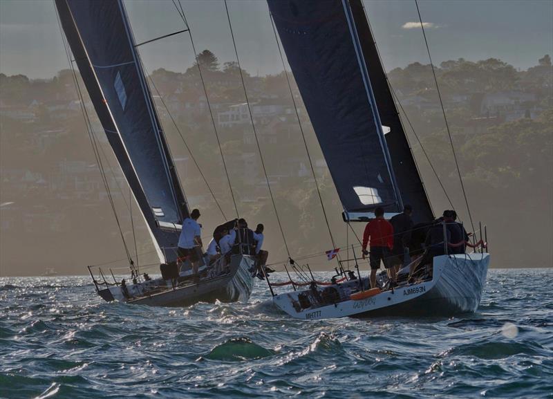 Lazy Dog (right) and Hooliganin the winter sunshine during MC38 2020 Season Act 3 on Sydney Harbour photo copyright Tilly Lock Media taken at Royal Sydney Yacht Squadron and featuring the MC38 class