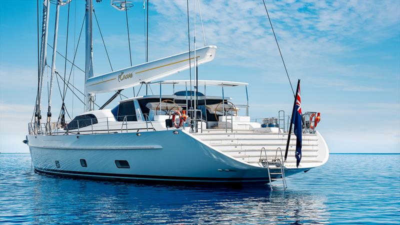 Conventional design transom - exhausts are away from swimmers - Encore - designed by DuBois - built by Alloy Yachts - photo © McD Yachts