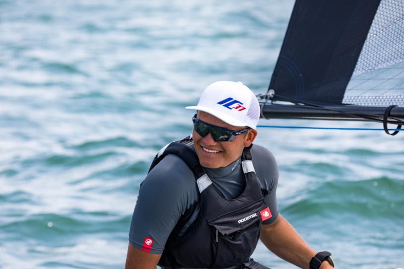 Harry Melges IV greets Eddie Cox and Chapman Petersen just after the final race - 2018 Melges 14 U.S. National Championship photo copyright Melges 14 taken at Lake Geneva Yacht Club and featuring the Melges 14 class