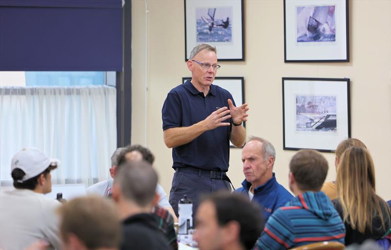 Clash of the Coaches at the WPNSA - Dave Mellor at the briefing photo copyright Mark Jardine taken at Weymouth & Portland National Sailing Academy and featuring the Melges 15 class