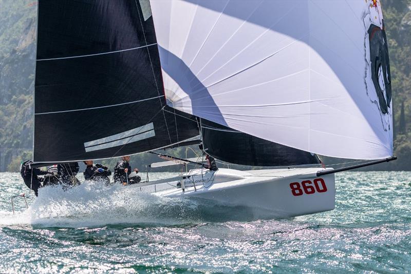 Andrea Pozzi's Bombarda ITA860 is currently second with 12 points and very consistent racing the breezy conditions of today (2-3-2). - Day 2 - Melges 24 European Sailing Series at Riva del Garda, Italy photo copyright Mauro Melandri / Zerogradinord taken at Fraglia Vela Riva and featuring the Melges 24 class
