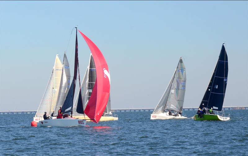 Kelly Shannon, a Lake Lanier Sailing Club sailor from the Atlanta GA area, sailed Shaka [USA 801] to third place with scores of 3-4-3-4-5 for 20 points. Sailing with Shannon were Ben Lynch, Elizabeth Lynch, Jackson Benvenutti, and Tommy Sawchuck - photo © Talbot Wilson 