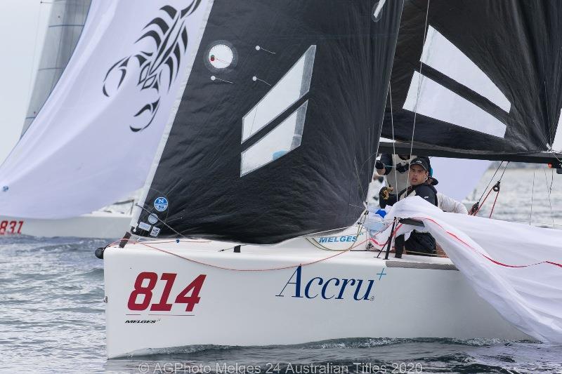 Glenda and Kevin Nixon's Accru during a spinnaker drop - 2020 Australian Melges 24 Nationals, day 3 - photo © Ally Graham