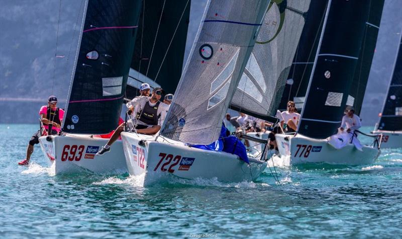 Andrea Racchelli's Altea ITA722 is leading the pack getting the bullet on today's second race - 2020 Melges 24 European Sailing Series Event #1 in Torbole, Italy photo copyright Zerogradinord / IM24CA taken at Fraglia Vela Riva and featuring the Melges 24 class