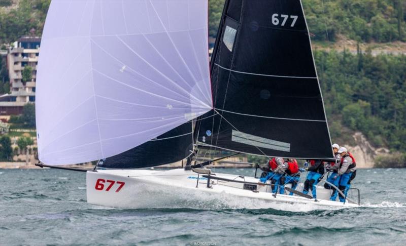 White Room GER677 of Michael Tarabochia with Luis Tarabochia at the helm - Melges 24 European Sailing Series 2021 - Event 1 - Malcesine, Italy photo copyright Zerogradinord taken at Fraglia Vela Malcesine and featuring the Melges 24 class