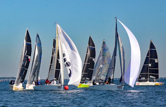 Overall Champion Bruce Ayres' Monsoon leads away from the weather-offset mark on Day 1 of the Melges24 Bushehacker Cup and Atlantic and Gulf Coast Championship at Pensacola Yacht Club. photo copyright Talbot Wilson taken at Pensacola Yacht Club and featuring the Melges 24 class