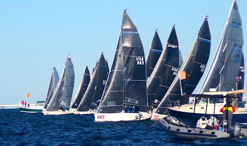 ‘Pacific Yankee' gets a nose out at the start of Race 1 in a brisk 10-15kt NNW breeze, gusting to 25, in Racing on Day 1 of the  Pensacola Yacht Club's 2021 Bushwhacker Cup. Four brilliant races were completed Saturday, two on Sunday photo copyright Talbot Wilson taken at Pensacola Yacht Club and featuring the Melges 24 class