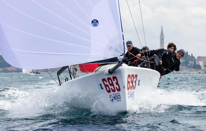 Melgina ITA793 of Paolo Brescia, overall winner of the 2021 Melges 24 European Sailing Series, took the bullet from Race Two on Day One of the first event of the Melges 24 European Sailing Series 2022 in Rovinj, Croatia photo copyright IM24CA / Zerogradinord taken at  and featuring the Melges 24 class