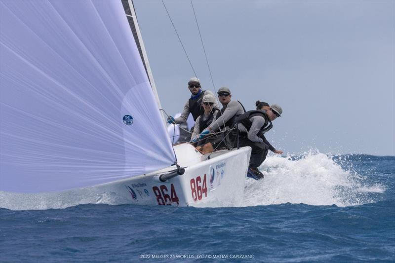 Laura Grondin on Dark Energy, where the tactical choices are entrusted to Taylor Canfield, had a good day thus far winding out the day in third after three races at the Melges 24 World Championship 2022 in Fort Lauderdale photo copyright Matias Capizzano taken at Lauderdale Yacht Club and featuring the Melges 24 class