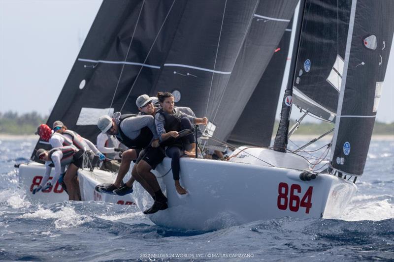 Laura Grondin's Dark Energy, with Taylor Canfield, Scott Ewing, Cole Brauer and Rich Peale took a win from the second race and posted also a second and a sixth at the Melges 24 Worlds 2022 photo copyright Matias Capizzano taken at Lauderdale Yacht Club and featuring the Melges 24 class