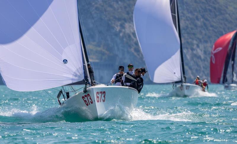 Nefeli GER673 of Peter Karrie with Niccolo Bianchi calling the tactics, is trailing the current leader being four points behind on Day 1 of the Melges 24 European Sailing Series 2022 event 4 in Riva del Garda, Italy photo copyright IM24CA / Zerogradinord taken at Fraglia Vela Riva and featuring the Melges 24 class