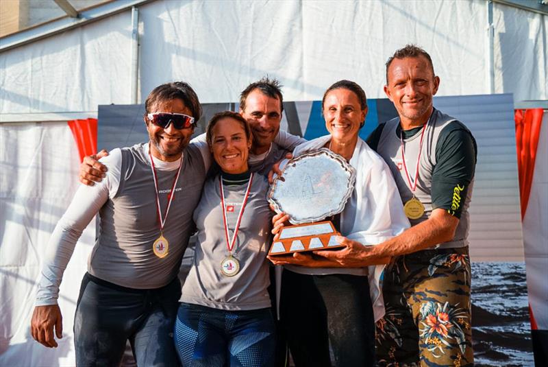 Strambapa ITA689 - Michele Paoletti, Giovanna Micol, Giulia Pignolo, Davide Bivi and Pietro Perelli - 2022 Melges 24 European Champipns with Giorgio Zuccoli's Melges 24 European Championship Trophy in Genoa  - photo © IM24CA / Zerogradinord