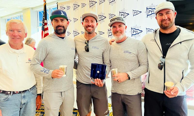 Second overall, Laura Grondin's Dark Energy B Team. From left to right, PRO Hal Smith, Mike Buckley, Taylor Canfield, John Bowden and Scott Ewing - 2022 U.S. Melges 24 National Championship photo copyright Joy Dunigan taken at Pensacola Yacht Club and featuring the Melges 24 class