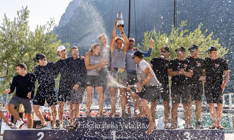 Overall podium: Strambapapa ITA689, White Room GER677 and Chinook HUN850 - Melges 24 European Sailing Series, Fraglia Vela Riva July 2023  photo copyright IM24CA / Zerogradinord taken at Fraglia Vela Riva and featuring the Melges 24 class