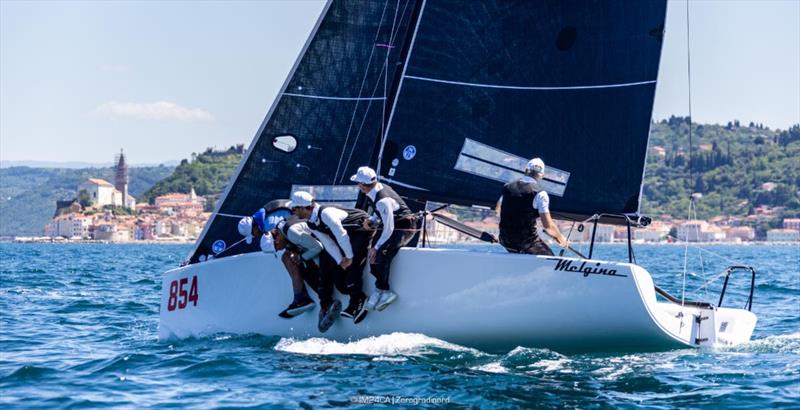 Melgina  (ITA) of Paolo Brescia with Giulio Desiderato calling the tactics - Melges 24 European Sailing Series 2024 - Portoroz, Slovenia  - 2024 Marina Portoroz Melges 24 Regatta photo copyright IM24CA / Zerogradinord taken at  and featuring the Melges 24 class