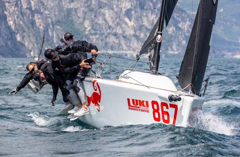 Lukasz Podniesinski's Razjaren CRO867 with Ante Cesic helming and Tonci Knezovic, Marin Plecas and Antonio Milisic in crew - 2025 Melges 24 European Sailing Series / Italian Open Championship - Fraglia Vela Riva, Riva del Garda, ITA - photo © IM24CA | Zerogradinord