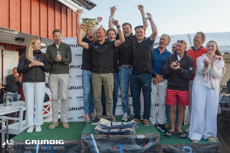 Melges 24 podium at the Grundig Hankø Race Week 2025 - Hans Herman Nergaard's Team Bagdad Prospects, Peder Jahre's Storm Capital and Herman Horn-Johannessen's Rett Rundt Hjørnet - photo © KNS / Trond Teigen