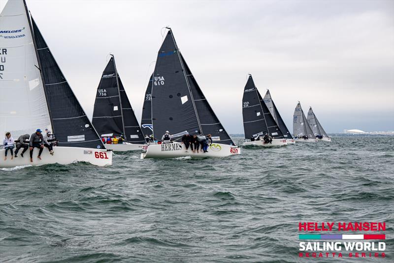The Melges 24 fleet charges off the line on Tampa Bay during the Helly Hansen Sailing World Regatta Series in St. Petersburg photo copyright Walter Cooper / SWRS 2025 taken at St. Petersburg Yacht Club, Florida and featuring the Melges 24 class