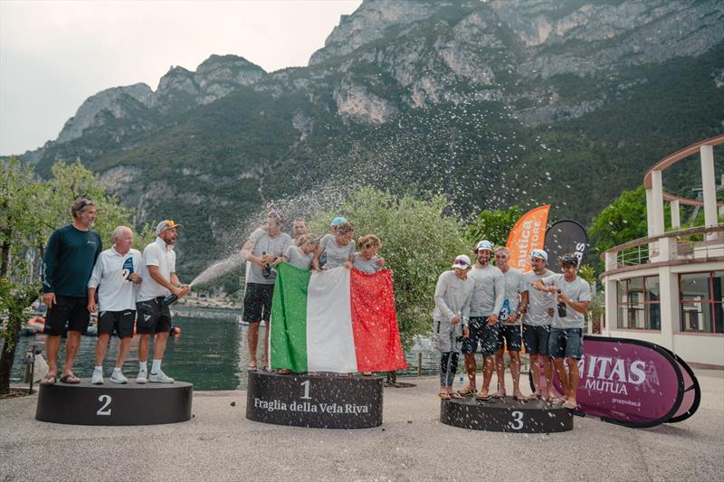 All-Italian Melges 24 Italian Nationals overall podium - Melges 24 Italian National Championship 2026 - Melges 24 European Sailing Series 2026 - Fraglia Vela Riva, Riva del Garda, Italy photo copyright Chiara Slijk taken at Fraglia Vela Riva and featuring the Melges 24 class