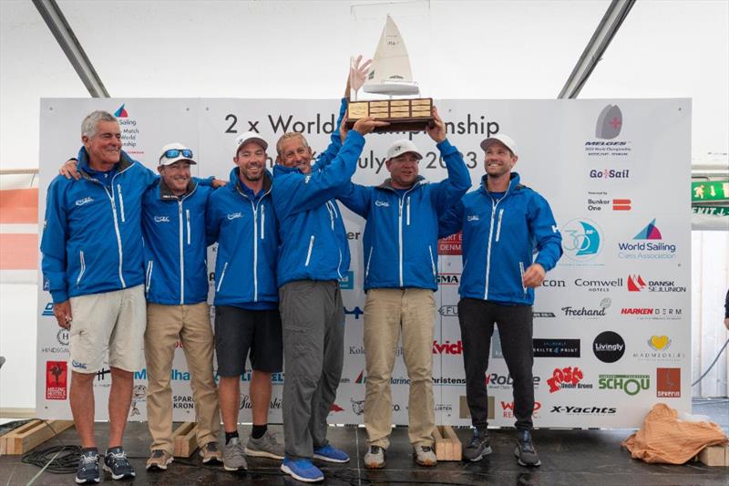 Vince Brun (on the left) as a coach with Drew Freides' PACIFIC YANKEE (USA) and the Melges Performance Sailboats Trophy at the Melges 24 World Championship 2023 in Middelfart, Denmark photo copyright Mick Knive Anderson taken at  and featuring the Melges 24 class