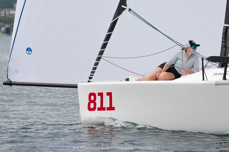 The bow of Eddie Gary's Troublemaker participates in Thursday's final tune-up. Gary embodies the spirit of the all-amateur division—talented sailors with day jobs competing at an elite level, united by fierce competition and genuine camaraderie - photo © Anna Suslova