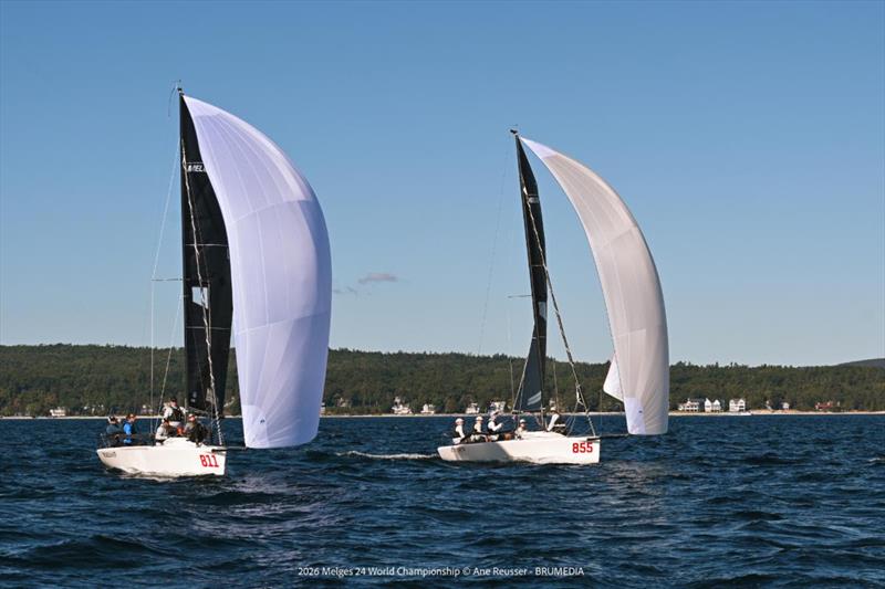 Looper crosses the finish line ahead of Troublemaker / Gill Race Team, sealing the final-day comeback that earned Duane Yoslov and his crew the 2026 Melges 24 Corinthian World Championship title. - Melges 24 World Championship 2026 in Harbor Springs photo copyright Ane Reusser / BRUMEDIA taken at Little Traverse Yacht Club and featuring the Melges 24 class