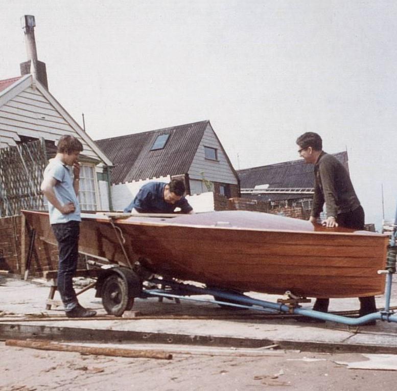 Jon Turner must have been a recent arrival at the Rowsell boatyard when this picture of owner Don Hearn collecting his new Merlin was taken photo copyright Keith Callaghan taken at  and featuring the Merlin Rocket class