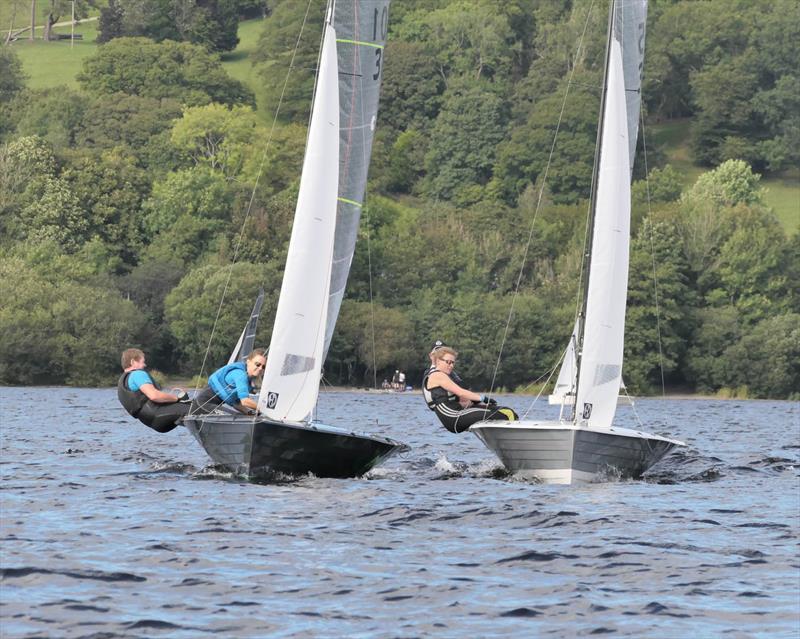 Matthew Biggs and Beka Jones to windward of Andy Davis and Pippa Kilsby during the Merlin Rocket Inlands at Bala photo copyright John Hunter taken at Bala Sailing Club and featuring the Merlin Rocket class