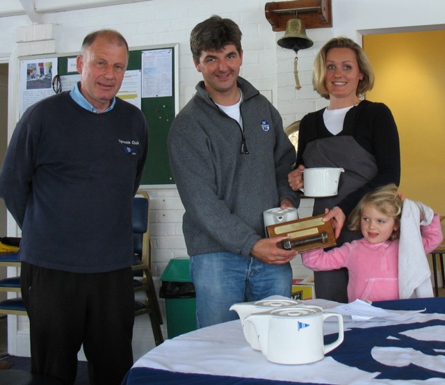 Commodore Peter Mason presents the Cutty Sark Bolt and Tamesis teapots to David Vines,  Kate Freestone and daughter Sophie photo copyright John Dunkley taken at Tamesis Club and featuring the Merlin Rocket class
