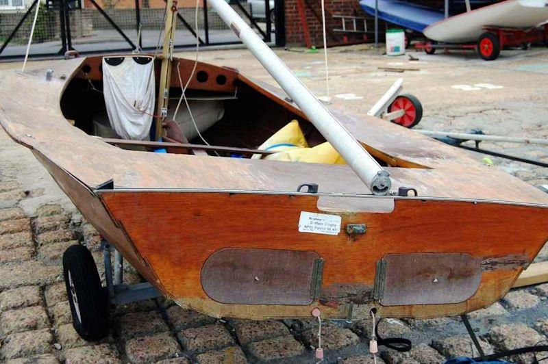 Much battered after a long and hard life around dinghy parks, the original Sugar Plum Merlin Rocket showing the flat underwater sections that Mike Jackson's designs had become famous for photo copyright Dougal Henshall taken at  and featuring the Merlin Rocket class