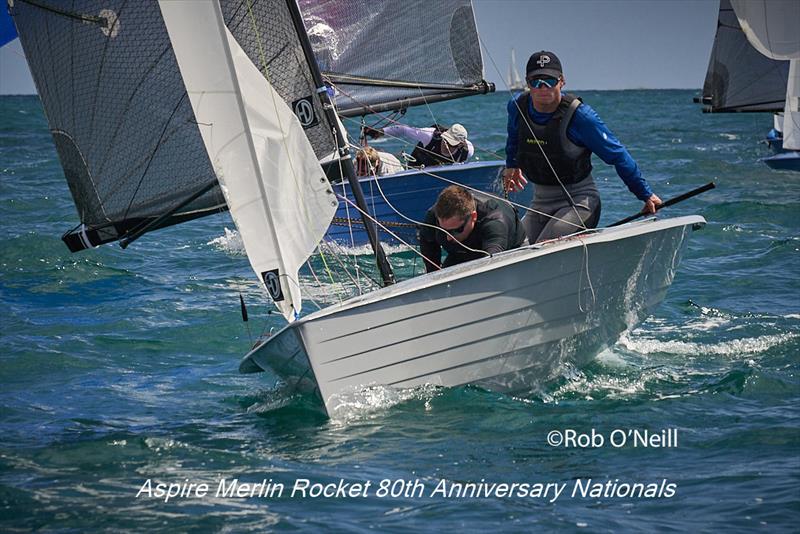 Ben Whaley and Chris Martin at the gybe mark during the second race on day 1 of the Aspire Merlin Rocket Nationals at the WPNSA - photo © Rob O'Neill