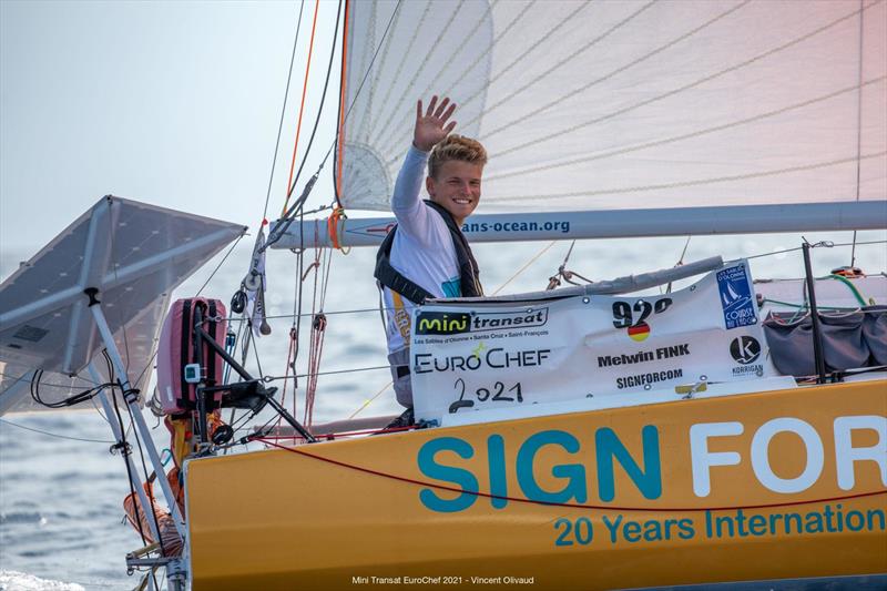 Melwin Fink (920 - SIGNFORCOM) first Production boat in Mini Transat EuroChef 2021 Leg 1 photo copyright Vincent Olivaud taken at  and featuring the Mini Transat class