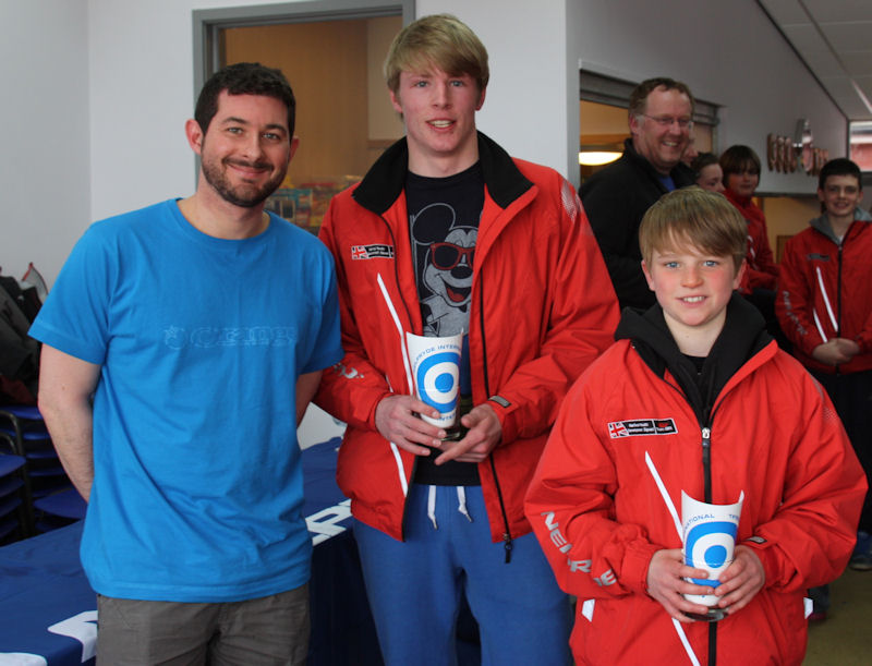 Ullswater Easter Regatta Mirror winners Henry and Jamie Rastrick from Ripon SC in Mirror 70472 'Wild Thing' pictured with John McAfee from sponsors Neil Pryde photo copyright Pauline Thompson taken at Ullswater Yacht Club and featuring the Mirror class