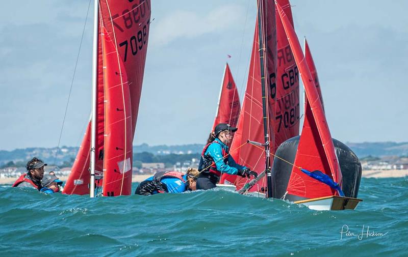 Poppy Luxton and Lottie Tregaskes lead at the windward mark in race 1 - Vaikobi Mirror National Championships at Hayling Island - photo © Peter Hickson