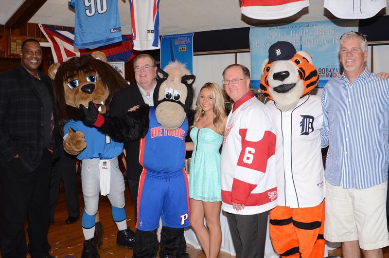 Pistons, Lions, Red Wings and Tigers PRO TEAM CHALLENGE team representatives (from left): Rick Mahorn, mascot 'Roary', Jim Brandstatter, mascot 'Hooper', Heather Garey, Ken Kal, mascot 'Paws', Dave Rozema photo copyright Bill Eisner taken at Bayview Yacht Club