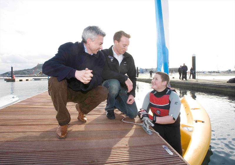 2008: Gold medallist Jonathan Edwards and Paul Goodison with Adam Greaves celebrate completion of ODA works photo copyright Getty images taken at Weymouth & Portland Sailing Academy