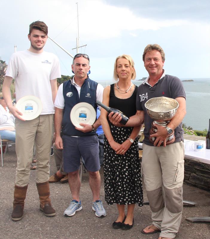 Glandore Inn Rosebowl Dragon Class Winners Adrian, Eoin and Michael crew of MarJ with sponsor Sheila McCarthy of the Glandore Inn photo copyright Cormac O'Carroll taken at Glandore Harbour Yacht Club