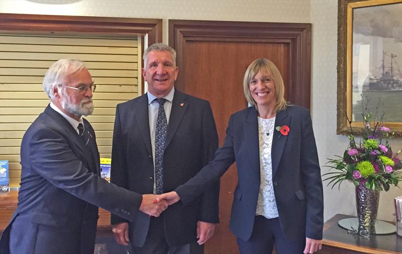 The Commodore, Brian Hinde, left, welcomes Donna Redford at the Club's AGM. Mr Stocks is moving to a new post in rugby football photo copyright Michael Ford taken at Royal Southampton Yacht Club