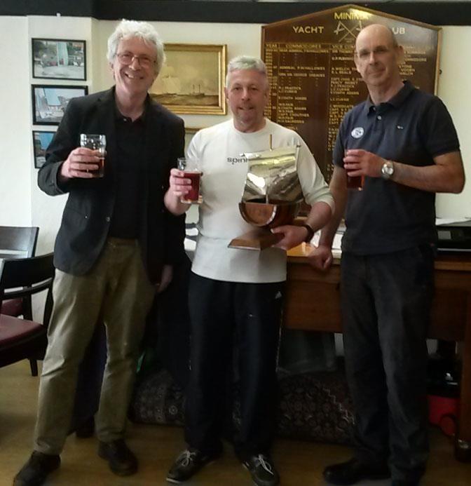 Minima's Commodore John Forbes, Sailing Secretary Paul Broomfield (with the trophy) and Hon Sec Steve Collins raise a glass to Fullers, providers of the real Firkin photo copyright John Forbes taken at Minima Yacht Club