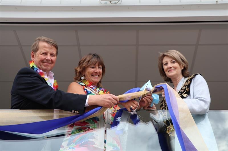 (l-r) Television Presenter Bill Turnbull, Tikkii Mawson Commodore of Aldeburgh Yacht Club and Cllr Jocelyn  Bond, Mayor of Aldeburgh photo copyright Fleur Hayles taken at Aldeburgh Yacht Club
