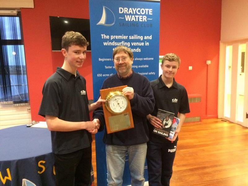 Harrison & Fergus Pye receive Club Champions Trophy from Commodore, Jeremy Atkins photo copyright Richard Pye taken at Draycote Water Sailing Club