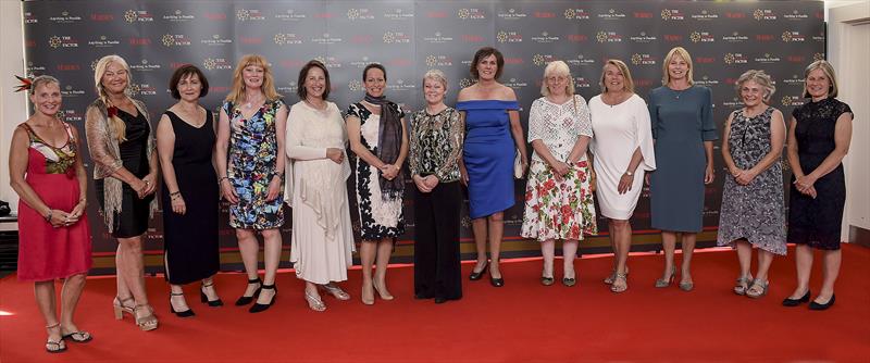 (l-r) Mandy Swan Neal; Mikaela Von Koskull; Claire Warren; Tanja Visser; Princess Zahra, Trustee of The Maiden Factor Foundation; Tracy Edwards MBE; Sally Hunter; Nancy Harris; Marie-Claude Kieffer (neé Heys); Jeni Mundy; Jo Gooding; Sarah Davies photo copyright Michael Chester / The Maiden Factor taken at 