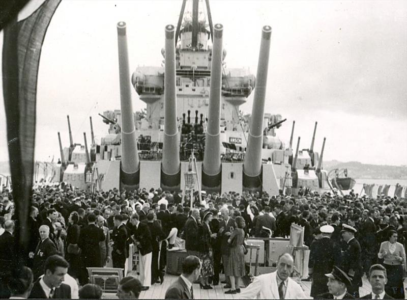 The Olympic party onboard the battleship HMS Anson. 221 sailors and nearly three times as many ‘hangers on' that included a number of women, even though female contestants were specifically barred from taking part in the Regatta photo copyright Torquay Library / Henshall taken at 