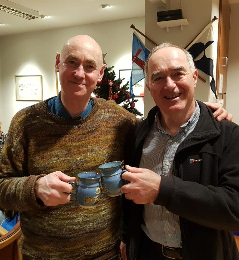 Dun Laoghaire Frostbite Series 2 day 1: Frank Miller (l) and Ed Butler pick up the Frostbite Mugs for race 1 in the PY fleet photo copyright Frank Miller taken at Dun Laoghaire Motor Yacht Club